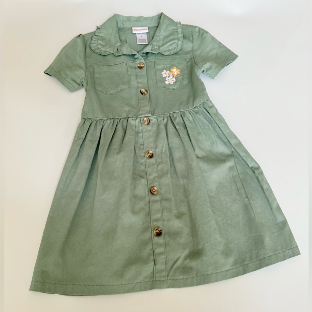 Green Kids Dress with Floral Embroidery